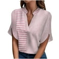 thumbnail image 1 of Trendy Striped Shirts for Women V Neck Split Short Sleeve Dressy Casual Blouses Summer Tops Loose Fit (XL, Pink), 1 of 6