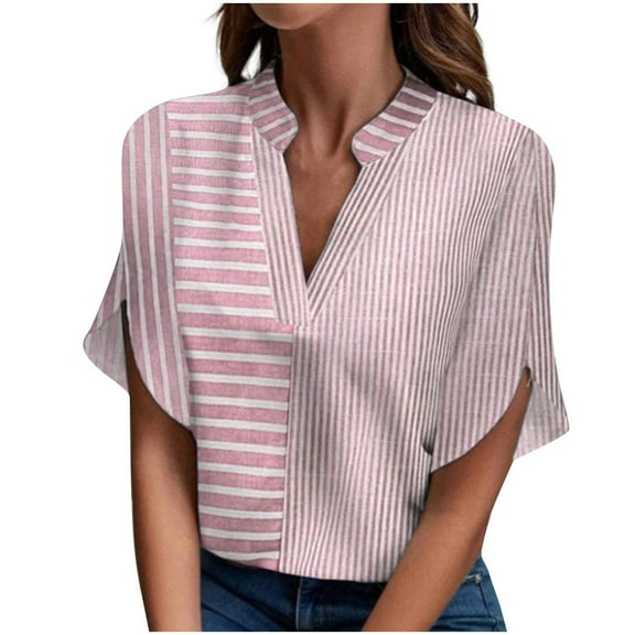 Trendy Striped Shirts for Women V Neck Split Short Sleeve Dressy Casual Blouses Summer Tops Loose Fit (XL, Pink)