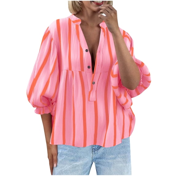 Trendy Striped Tops for Women 3/4 Length Puff Sleeve Dressy Casual V Neck Blouses Loose Button Up Shirts (2XL, Pink)