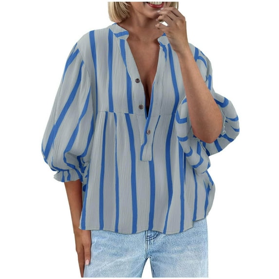 Trendy Striped Tops for Women 3/4 Length Puff Sleeve Dressy Casual V Neck Blouses Loose Button Up Shirts (2XL, Sky Blue)