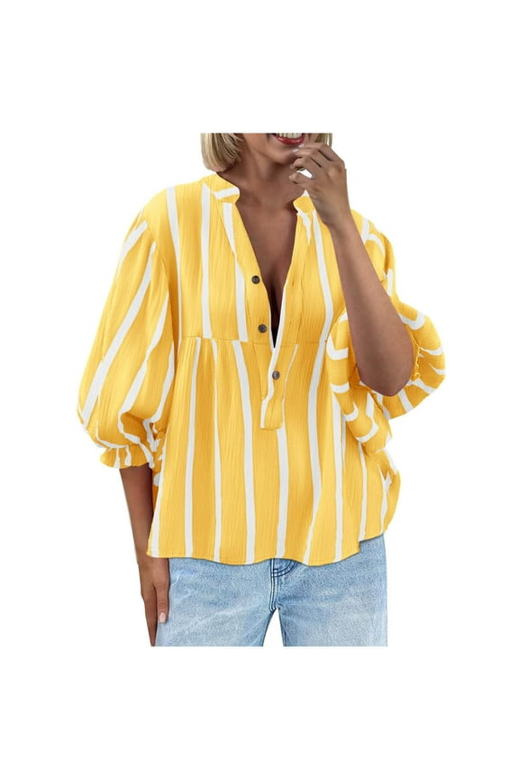 Trendy Striped Tops for Women 3/4 Length Puff Sleeve Dressy Casual V Neck Blouses Loose Button Up Shirts (2XL, Yellow)