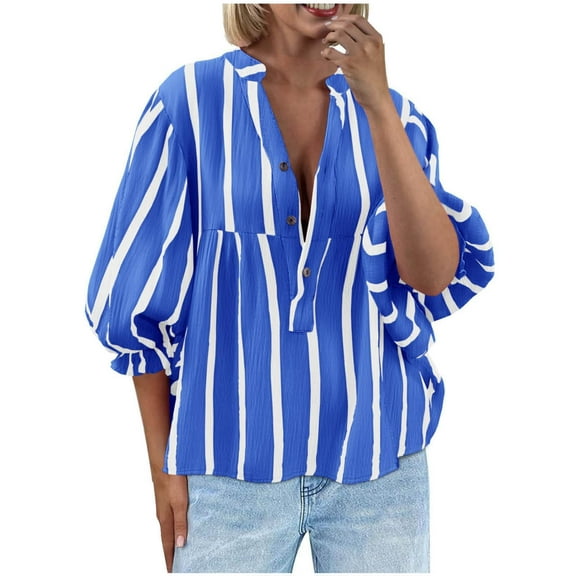 Trendy Striped Tops for Women 3/4 Length Puff Sleeve Dressy Casual V Neck Blouses Loose Button Up Shirts (M, Blue)