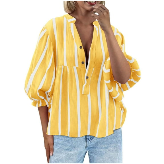 Trendy Striped Tops for Women 3/4 Length Puff Sleeve Dressy Casual V Neck Blouses Loose Button Up Shirts (M, Yellow)