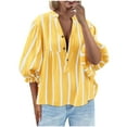 thumbnail image 1 of Trendy Striped Tops for Women 3/4 Length Puff Sleeve Dressy Casual V Neck Blouses Loose Button Up Shirts (XL, Yellow), 1 of 6