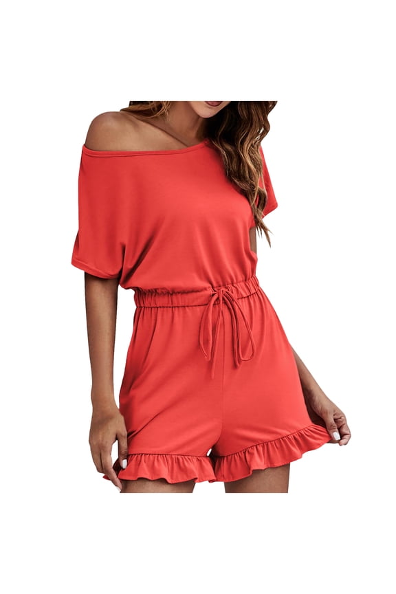 Trendy Summer Rompers Crewneck Short Sleeve Ruffle Shorts T Shirt Jumpsuits with Pockets Soft Polyester Casual Jumpers (S, Orange)