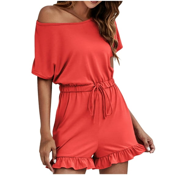 Trendy Summer Rompers Crewneck Short Sleeve Ruffle Shorts T Shirt Jumpsuits with Pockets Soft Polyester Casual Jumpers (XL, Orange)