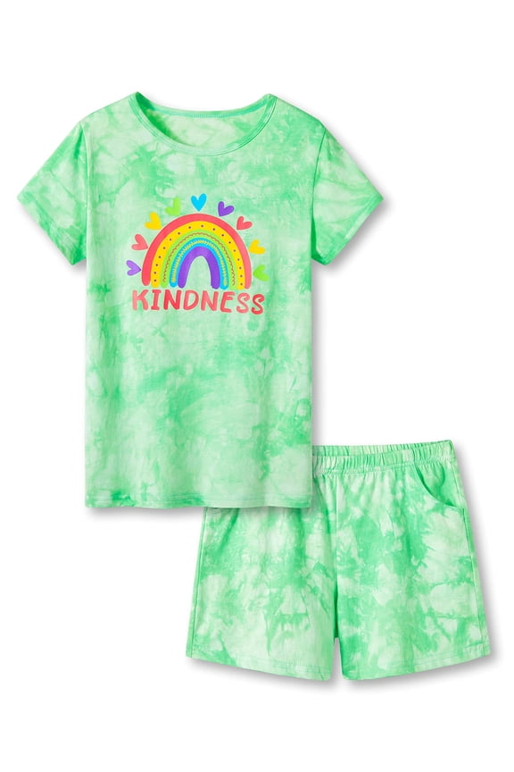 Trendy Summer Tie Dye Pajama Set for Little & Big Girls - Rainbow Graphic Tee & Shorts PJS Size 14