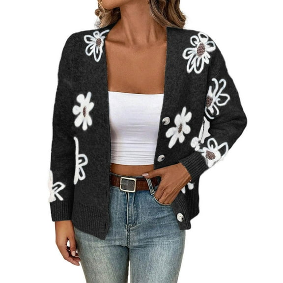 Trendy Sweater Cardigans Womens Long Sleeve Button Up Flowers Pattern V Neck Casual Soft Cotton Knit Blouse Tops (L, Black)