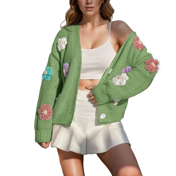 Trendy Sweater Cardigans Womens Long Sleeve Button Up Flowers Pattern V Neck Casual Soft Cotton Knit Blouse Tops (M, Green)