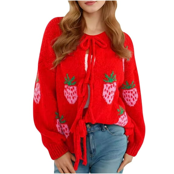 Trendy Sweater Cardigans Womens Teen Girls Strawberry Knitted Tie Front Jackets Soft Cute Outerwear Knitwear (S, Red)