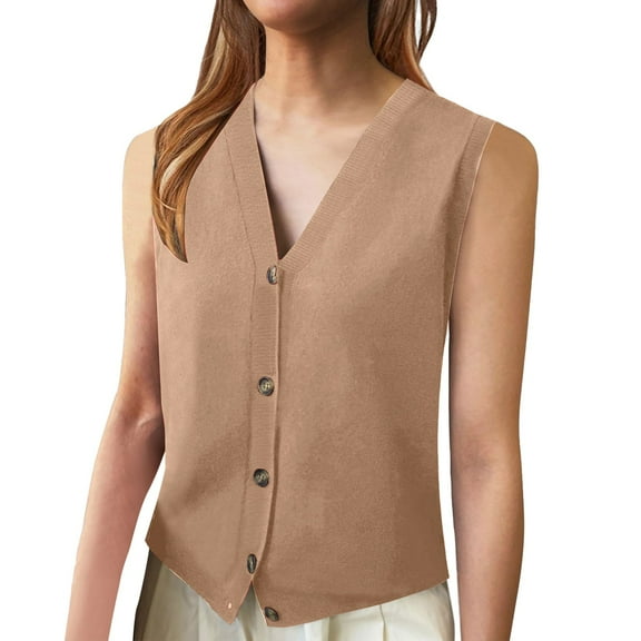 Trendy Sweater Vest Women V Neck Knitwear for Vacation Outfits Women's Casual Sleeveless Knitted V Neck Button Ribbed Sweater
