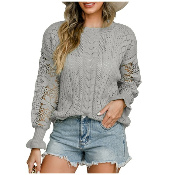 Trendy Sweaters Womens Hollow Out Floral Lace Knitted Pullover Tops Round Neck Long Sleeve Fall Jumpers (M, Gray)