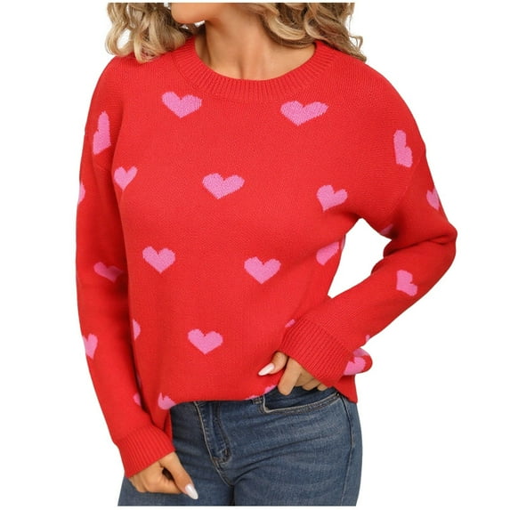 Trendy Sweaters for Women Love Hearts Pattern Crewneck Knit Pullover Long Sleeve Tops Valentines Day Outfit Gifts (L, Hot Pink)