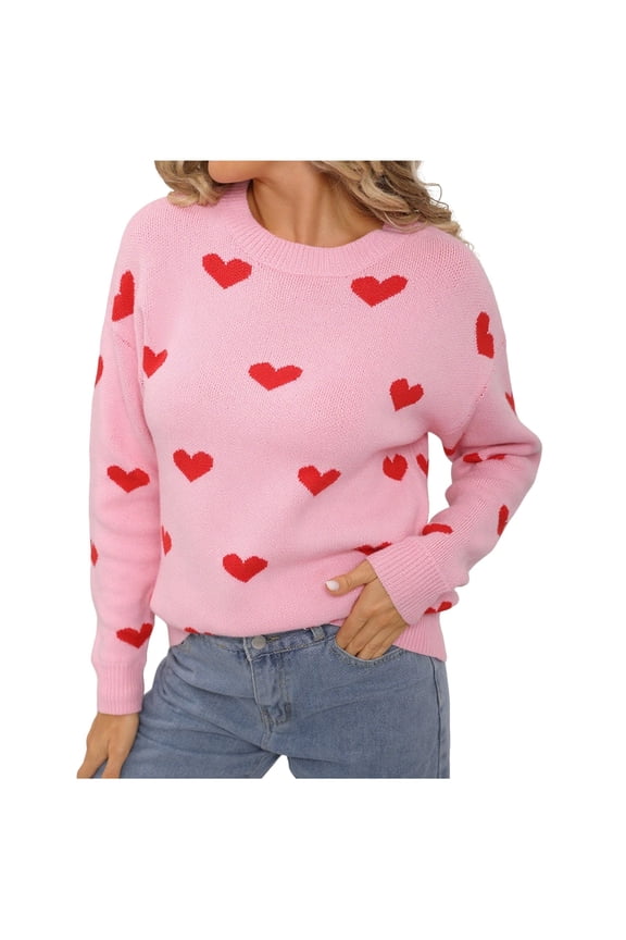 Trendy Sweaters for Women Love Hearts Pattern Crewneck Knit Pullover Long Sleeve Tops Valentines Day Outfit Gifts (L, Pink)