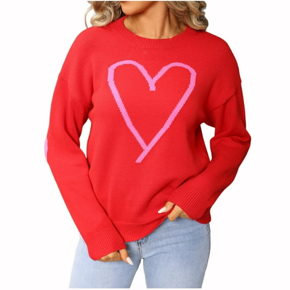Trendy Sweaters for Women Love Hearts Pattern Crewneck Knit Pullover Long Sleeve Tops Valentines Day Outfit Gifts (S, Red)