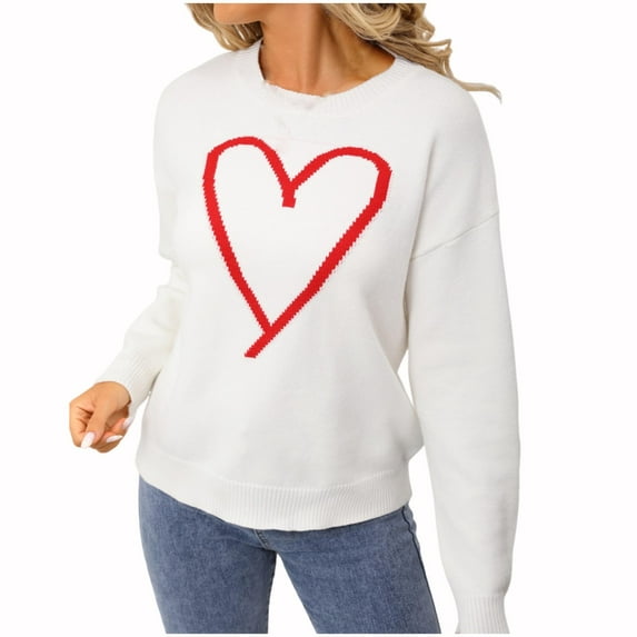 Trendy Sweaters for Women Love Hearts Pattern Crewneck Knit Pullover Long Sleeve Tops Valentines Day Outfit Gifts (XL, White 02)