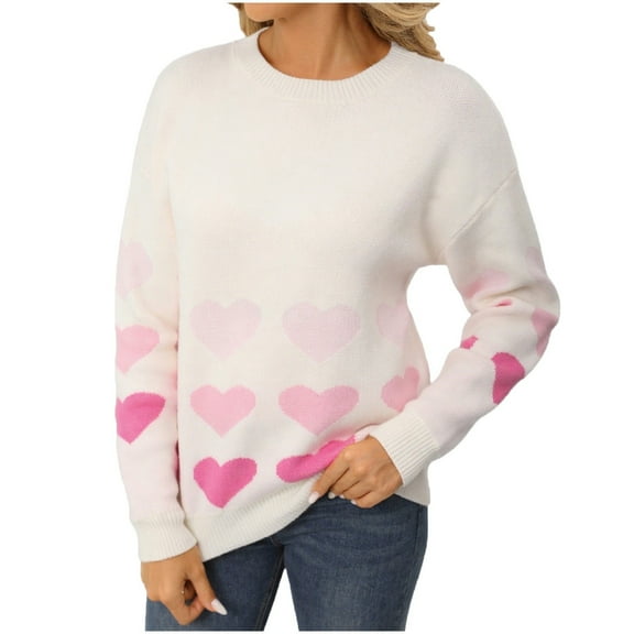 Trendy Sweaters for Women Love Hearts Pattern Crewneck Knit Pullover Long Sleeve Tops Valentines Day Outfit Gifts (XL, White 03)