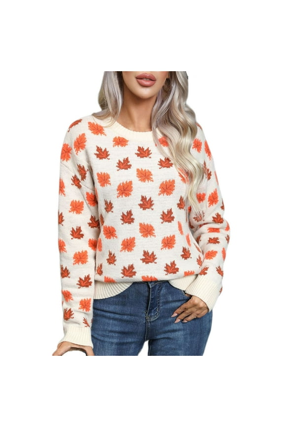 Trendy Sweaters for Women Soft Knit Maple Leaves Long Sleeve Tops Crew Neck Pullover Sweatshirts Knitwear (L, Beige)