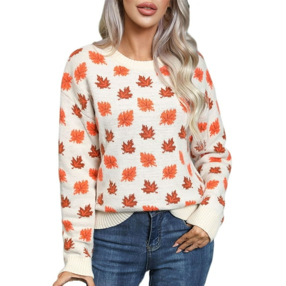 Trendy Sweaters for Women Soft Knit Maple Leaves Long Sleeve Tops Crew Neck Pullover Sweatshirts Knitwear (M, Beige)