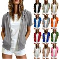 thumbnail image 1 of Trendy Sweatshirt for Women Women's Short Sleeve Zip up Hoodie Lightweight Hooded Jacket Drawstring Casual Sports Vests Tops with Pockets Gray L, 1 of 8