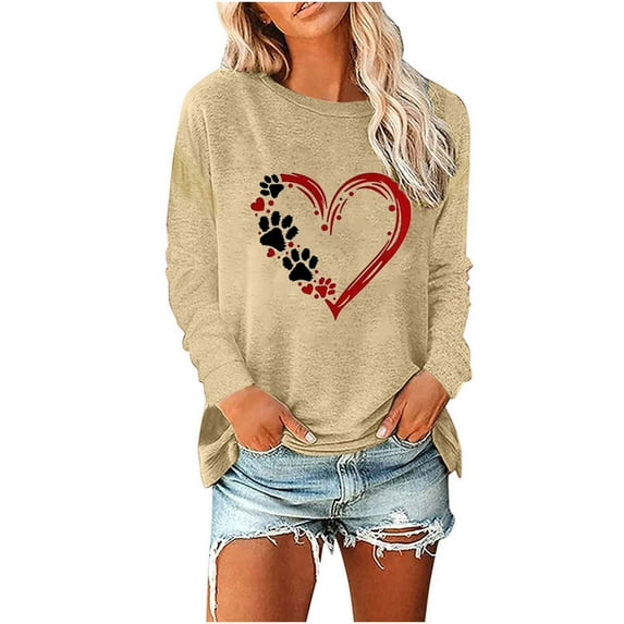 Trendy Sweatshirts Womens Long Sleeve Crew Neck Dog Paws Love Heart Print Pullover Tee Shirt Fall Winter Tops (XL, Khaki)