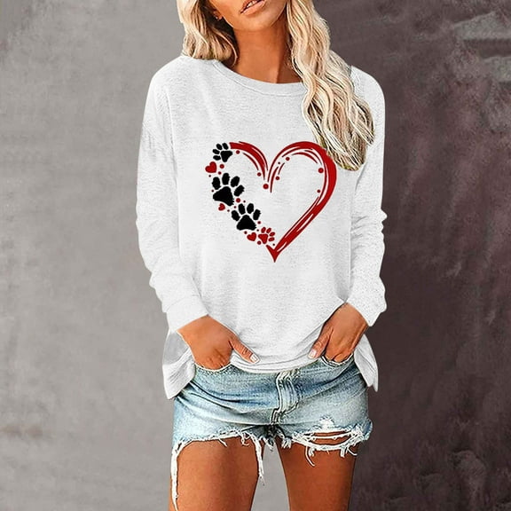 Trendy Sweatshirts Womens Long Sleeve Crewneck Dog Paws Love Heart Printed Pullover Tee Shirt Fall Winter Tops (M, White)