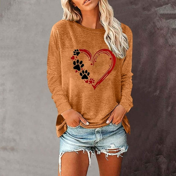 Trendy Sweatshirts Womens Long Sleeve Crewneck Dog Paws Love Heart Printed Pullover Tee Shirt Fall Winter Tops (XL, Orange)