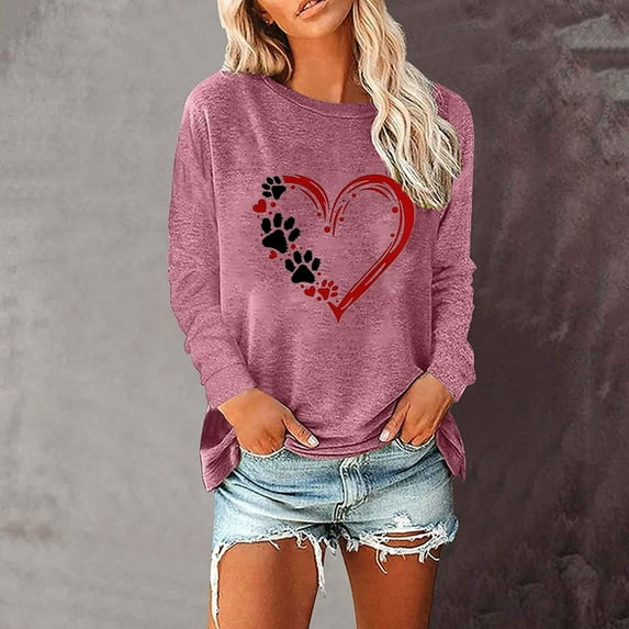 Trendy Sweatshirts Womens Long Sleeve Crewneck Dog Paws Love Heart Printed Pullover Tee Shirt Fall Winter Tops (XL, Pink)