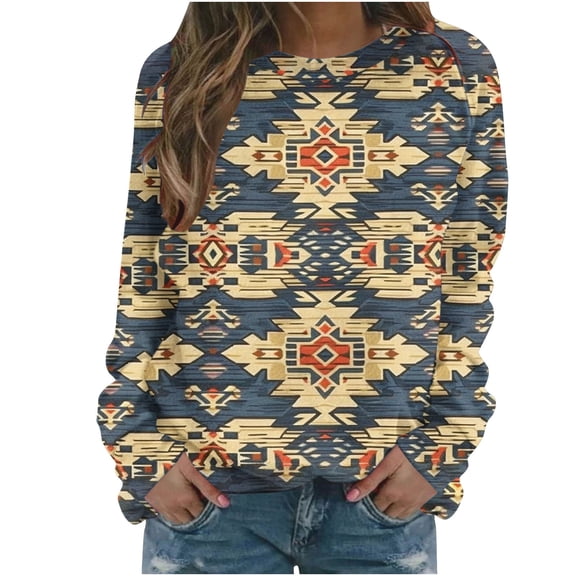 Trendy Sweatshirts for Women 2024 Cozy Loose Ethnic Style Crew Neck Tunics Long Sleeve Vintage Graphic Fall Going Out Tops(Navy M)