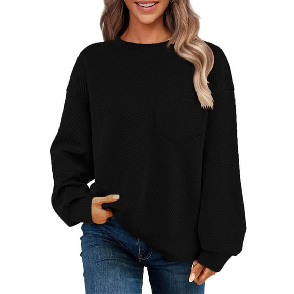 Trendy Sweatshirts for Women Waffle Textured Plain Oversized Crewneck Pullover Hooded Tops with Chest Pocket (S, Black)