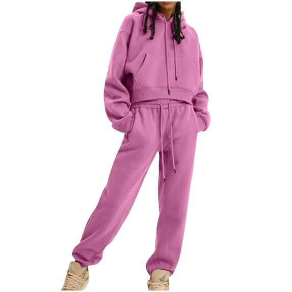 Trendy Sweatsuits Ladies 2 Piece - Cropped Hoodie and Pant Sets Drawcord Tracksuit Sportswear Joggers Outfits (Small, Hot Pink)