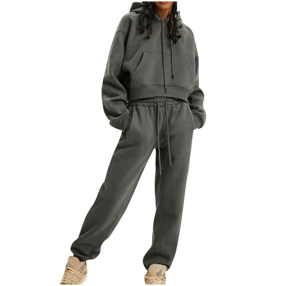 Trendy Sweatsuits Ladies 2 Piece - Cropped Hoodie and Pant Sets Drawcord Tracksuit Sportswear Joggers Outfits (X-Large, Dark Gray)