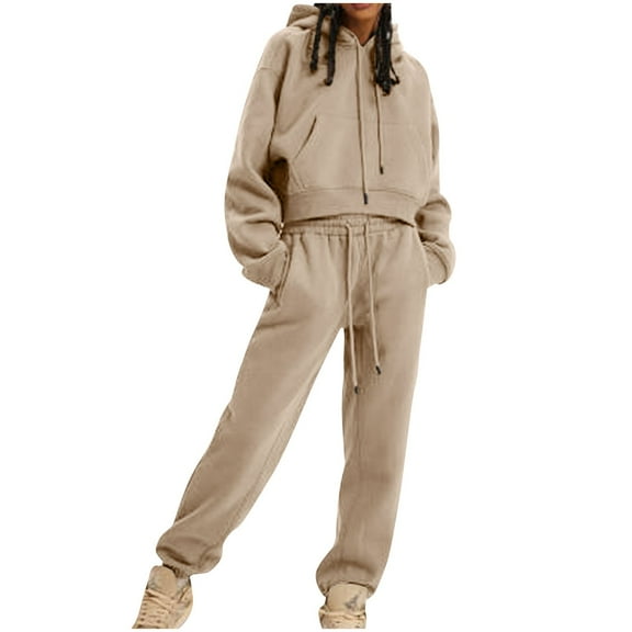 Trendy Sweatsuits Ladies 2 Piece - Cropped Hoodie and Pant Sets Drawcord Tracksuit Sportswear Joggers Outfits (X-Large, Khaki)