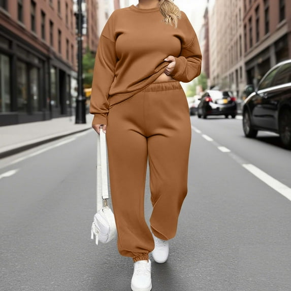Trendy Sweatsuits for Women New Plus Size 2 Piece Sets for Curvy Women Fall Long Sleeve Sweatshirt Casual Wide Leg Pants Sets Sweatsuits Brown 5XL