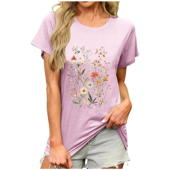Trendy T Shirt for Women Round Neck Floral Print Cute Teen Girls Short Sleeve Tunic Tops Comfy Casual Clothes Outfit