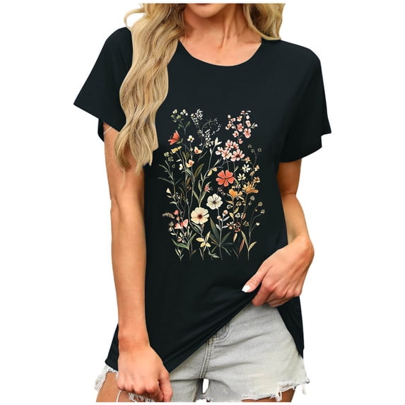 Trendy T Shirt for Women Round Neck Floral Print Cute Teen Girls Short Sleeve Tunic Tops Comfy Casual Clothes Outfit