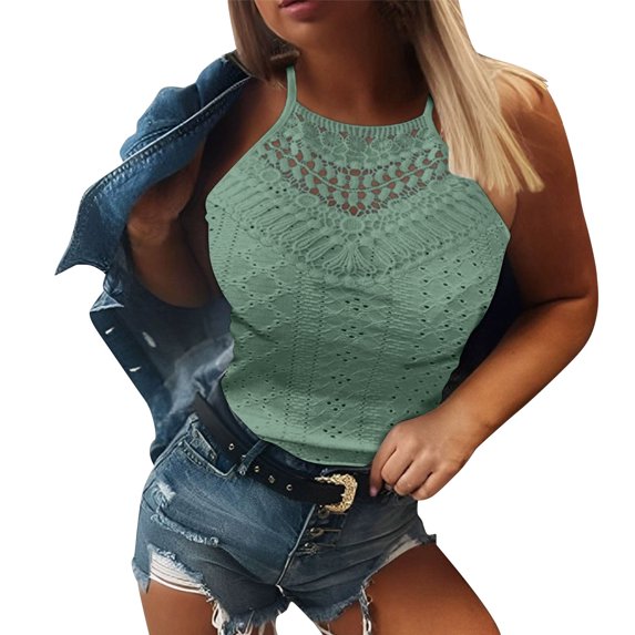 Trendy Tank Tops for Women 2025 on Clearance Womens Eyelet Tank Tops Camisole Dressy Casual Lace Crochet Cami Tops Spaghetti Strap Sleeveless Shirts New Style B-34 Green S