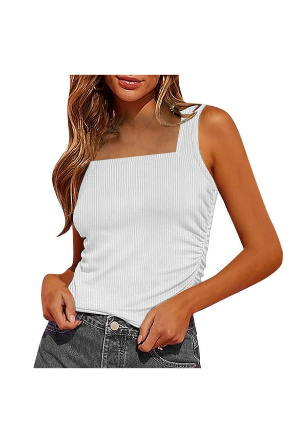 Trendy Tank Tops for Women,Summer Solid Color Flat Collar Sleeveless Casual Tee Tank,Comfortable And Stretchy Ribbed Shirts Casual Slim Fitted Knit Shirts