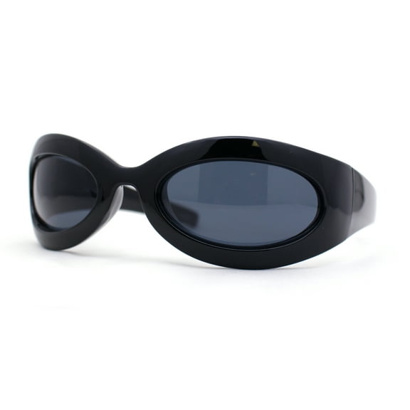 Trendy Thick Plastic Exaggerated Oval 90s Sport Sunglasses All Black