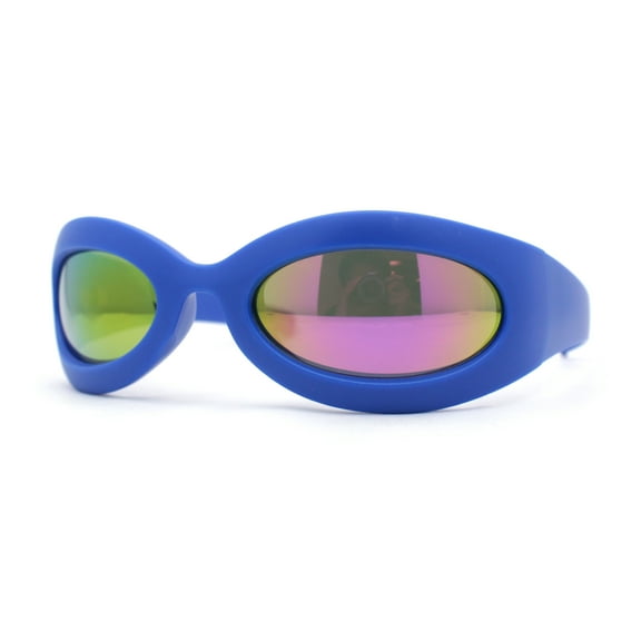 Trendy Thick Plastic Exaggerated Oval 90s Sport Sunglasses Blue - Purple Mirror