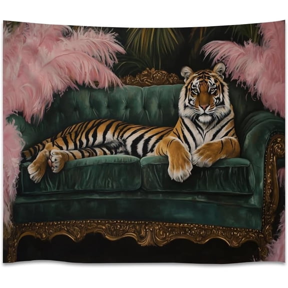 Trendy Tiger on Green Velvet Sofa Print Tapestry Vintage Jungle Animal Aesthetic Tapestries Bold Exotic Artwork Wall Hanging Decor for Bedroom Living Room Dorm Apartment white40x60inch