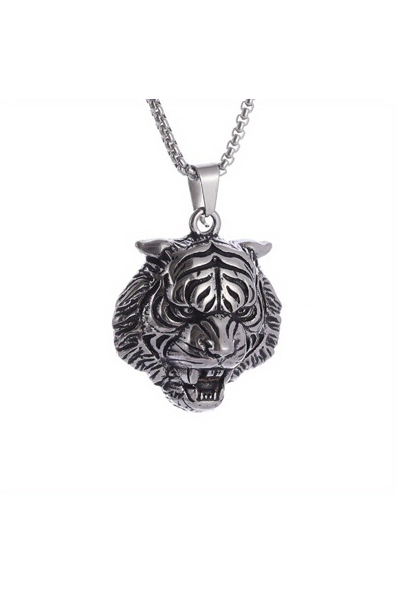[Trendy Tiger Head Pendant Jewelry] 1pcs Fashion Stainless Steel Tiger Head Men's Necklace, Retro Non-fading Trendy Tiger Head Animal Pendant Necklace, Men's Jewelry,Silvery