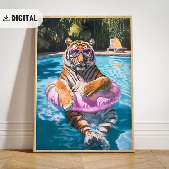 Trendy Tiger Poster, Summer Pool Party Decoration, Positive Vibes Art Beach Wild Animal Coastal Poster Wall Art Funky Decor, Unframed Poster Size 24x36
