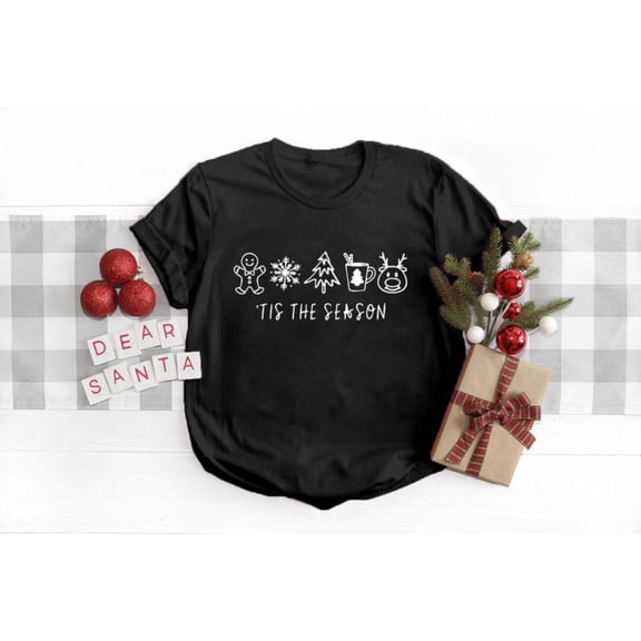 Trendy Tis The Season Tee T Shirt Graphic Tops Christmas Holiday Design Short Sleeve Round Neck Black S-5XL