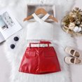 thumbnail image 1 of Trendy Toddler Girls Outfits Set with Stylish Ribbed Top and PU Leather Skirt 3-Piece Summer Fashion Attire for Kids, 1 of 3