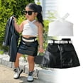 thumbnail image 1 of Trendy Toddler Girls Outfits Set with Stylish Ribbed Top and PU Leather Skirt 3-Piece Summer Fashion Attire for Kids, 1 of 3