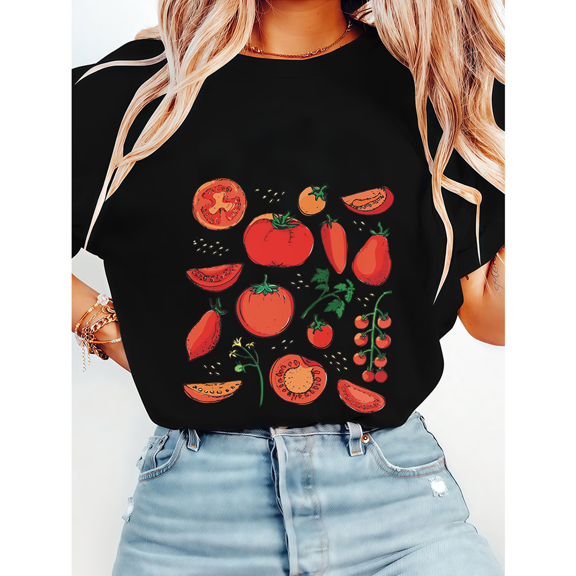 Trendy Tomato Print Tshirts Fruit Botanical Graphic Tees Vegetable Lover Short Sleeve Shirts Casual Vegan Garden Tops for Daily Outfits Black,XL