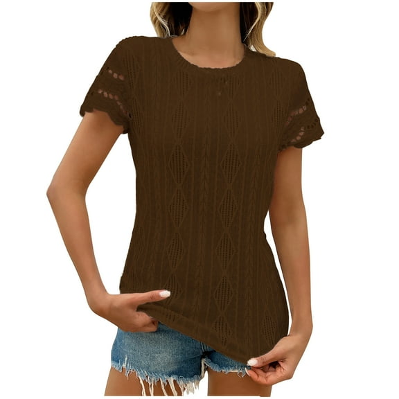 Trendy Tops For Women 2025 Sevevn Women's Loose Casual Solid Color Hollow Round Neck Short Sleeved Top Summer Tops For Women
