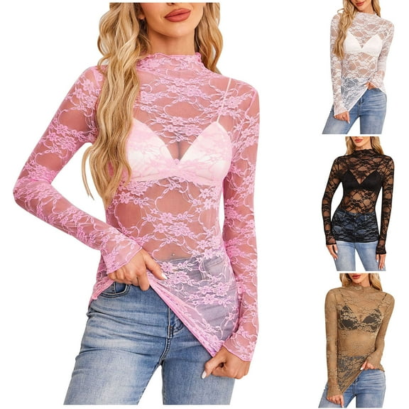 Trendy Tops For Women 2025 Solid Color Long Sleeve Netting Round Neck Pink Blouses for Office Work Business Attire Collared Shirts S-2XL