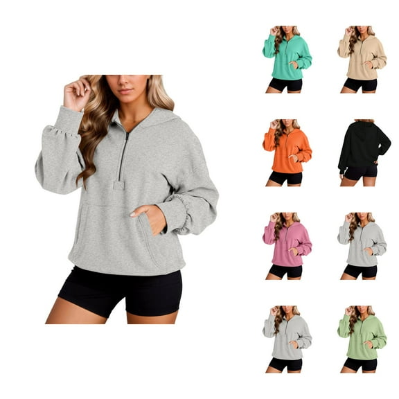 Trendy Tops for Women 2025 Solid Color Sweatshirt Women's Zip Up Hoodie Fall Fashion Loose Fit Long Sleeve Pullover Casual Streetwear Comfortable Sweatshirt With Pocket And Drawstring For Daily Wear